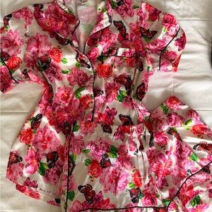 Victoria's Secret Pink Floral & Butterfly Satin Pajama Set